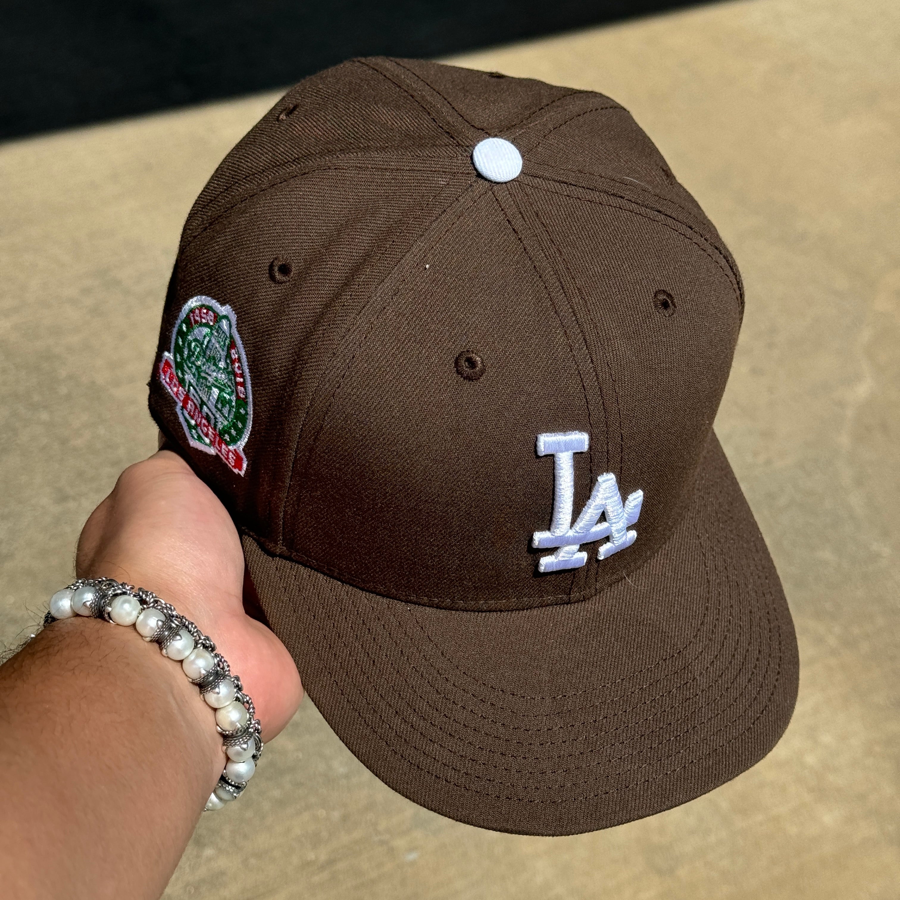 USED 1/4 Brown Los Angeles Dodgers 50th Anniversary 59fifty New Era Fitted Hat Cap