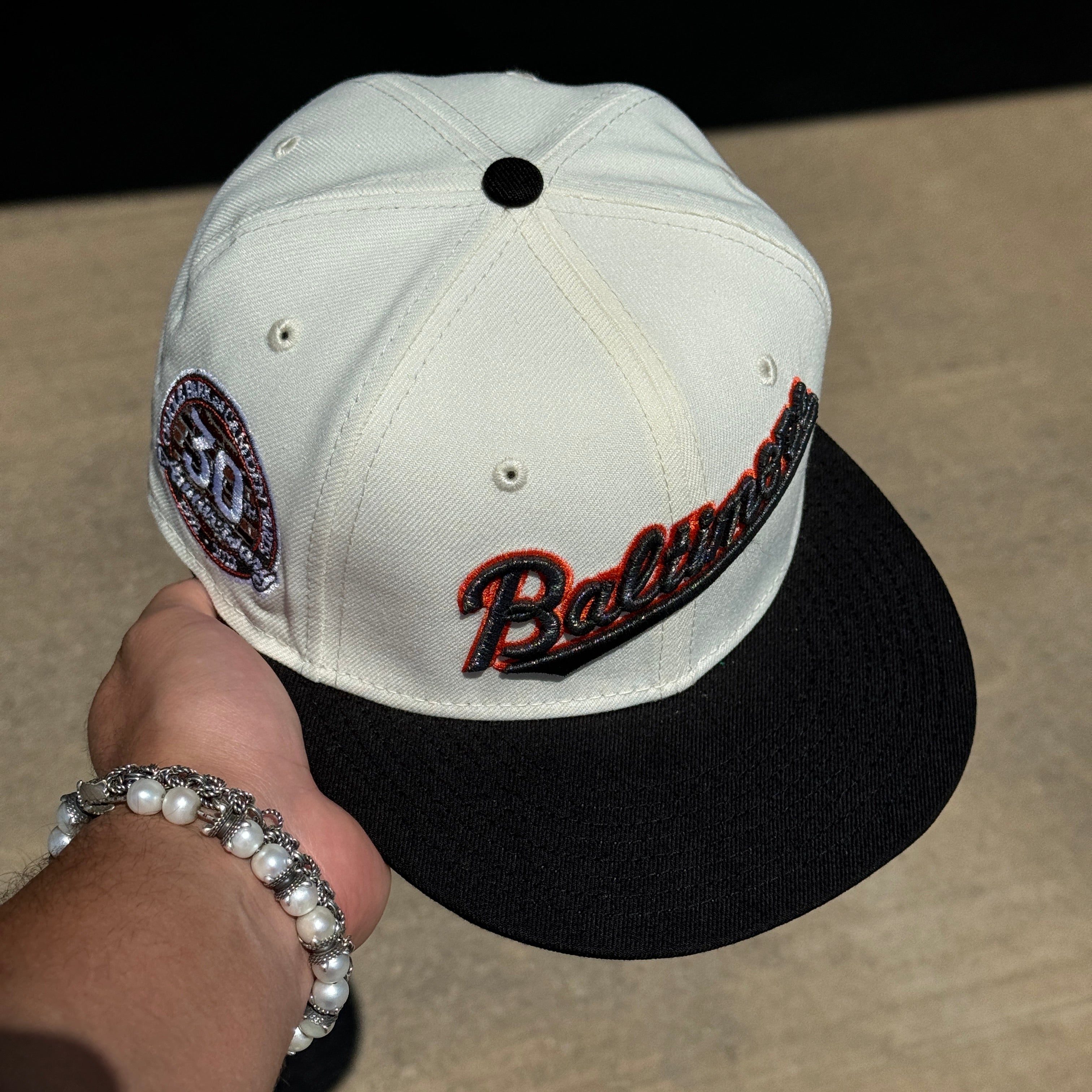 USED 1/8 Chrome Baltimore Orioles 30th Anniversary 59fifty New Era Fitted Hat Cap