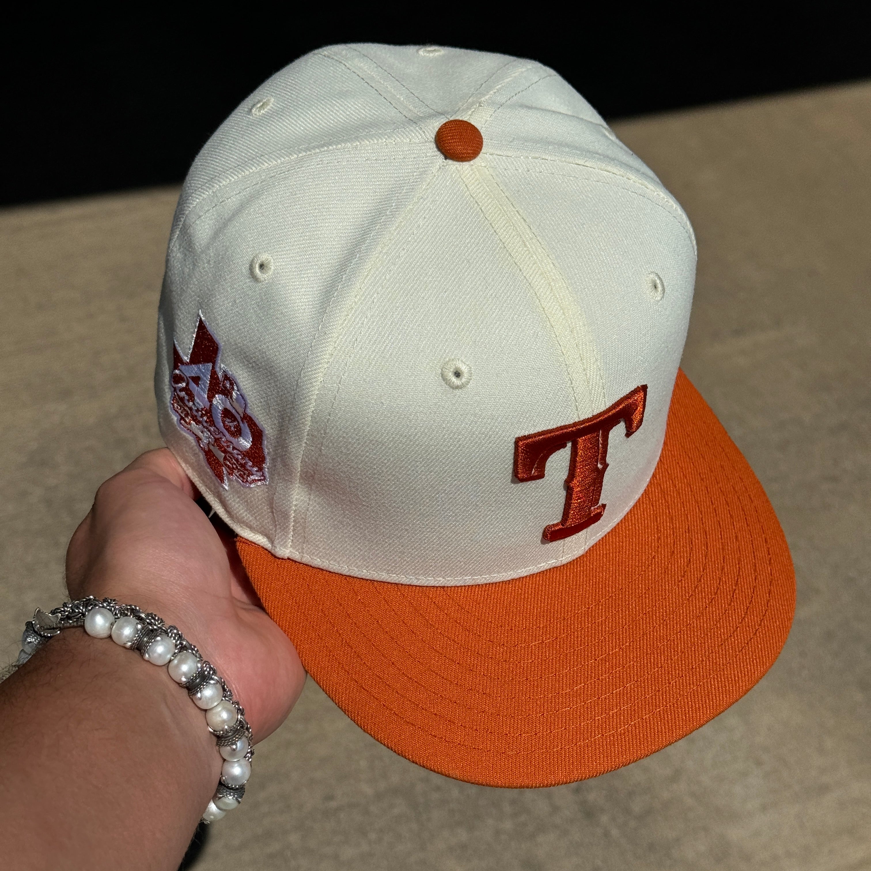 USED 1/8 Chrome Texas Rangers 40th Anniversary 59fifty New Era Fitted Hat Cap