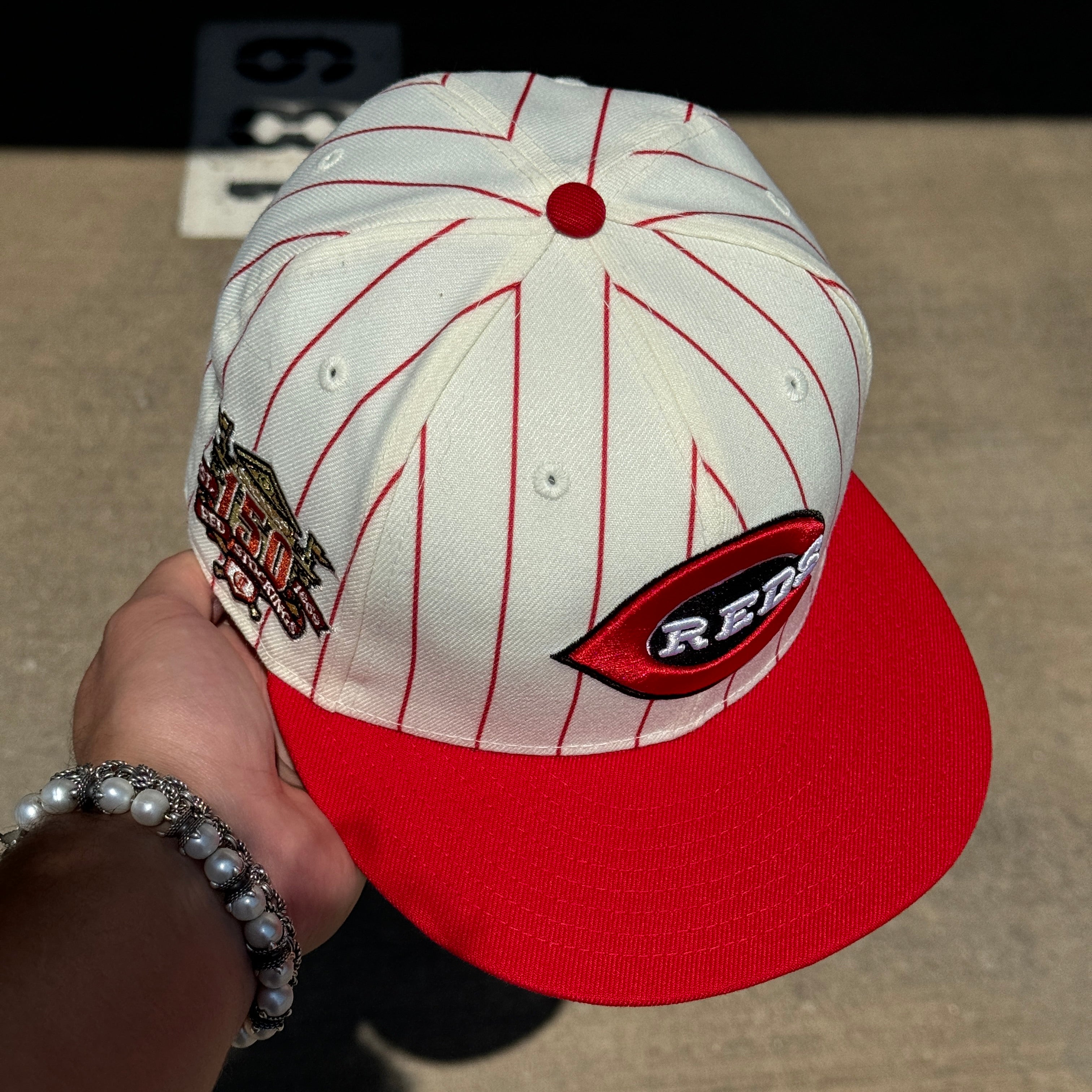 USED 1/8 Chrome Pinstripe Cincinnati Reds 150th Anniversary 59fifty New Era Fitted Hat Cap