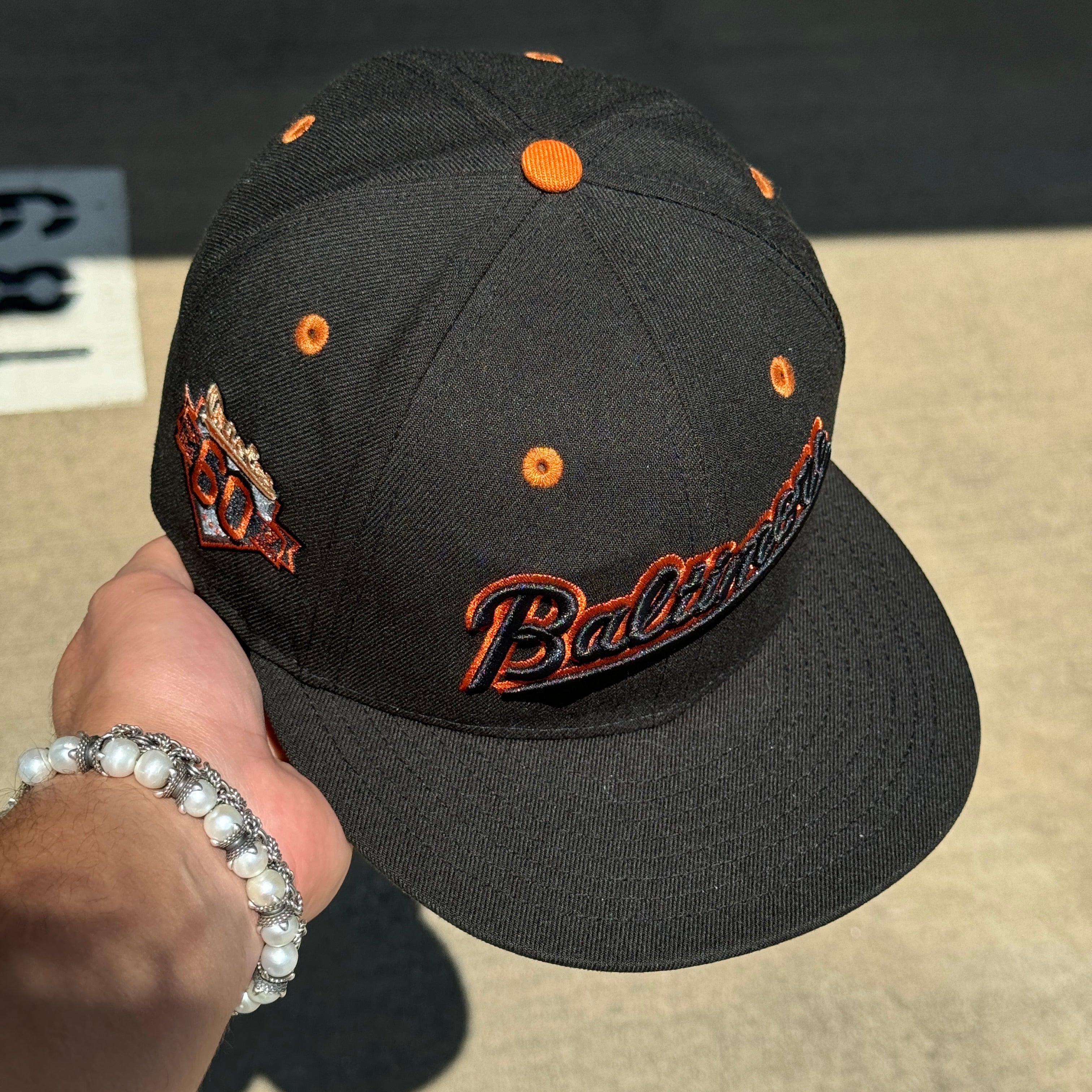 USED 1/8 Black Baltimore Orioles 60th Anniversary 59fifty New Era Fitted Hat Cap