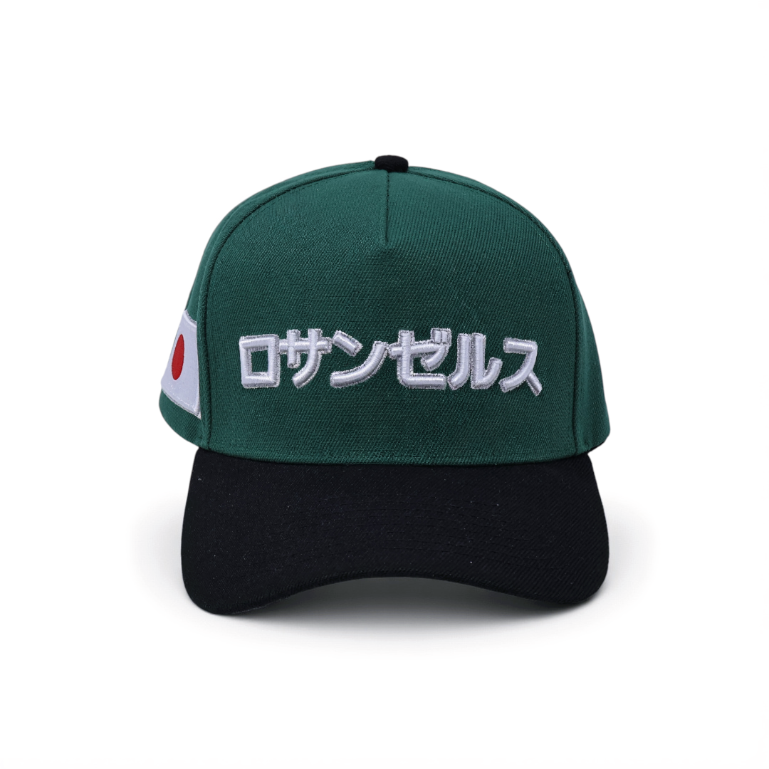 Green "Los Angeles" Japanese Katakana 5 Panel Baseball Cap