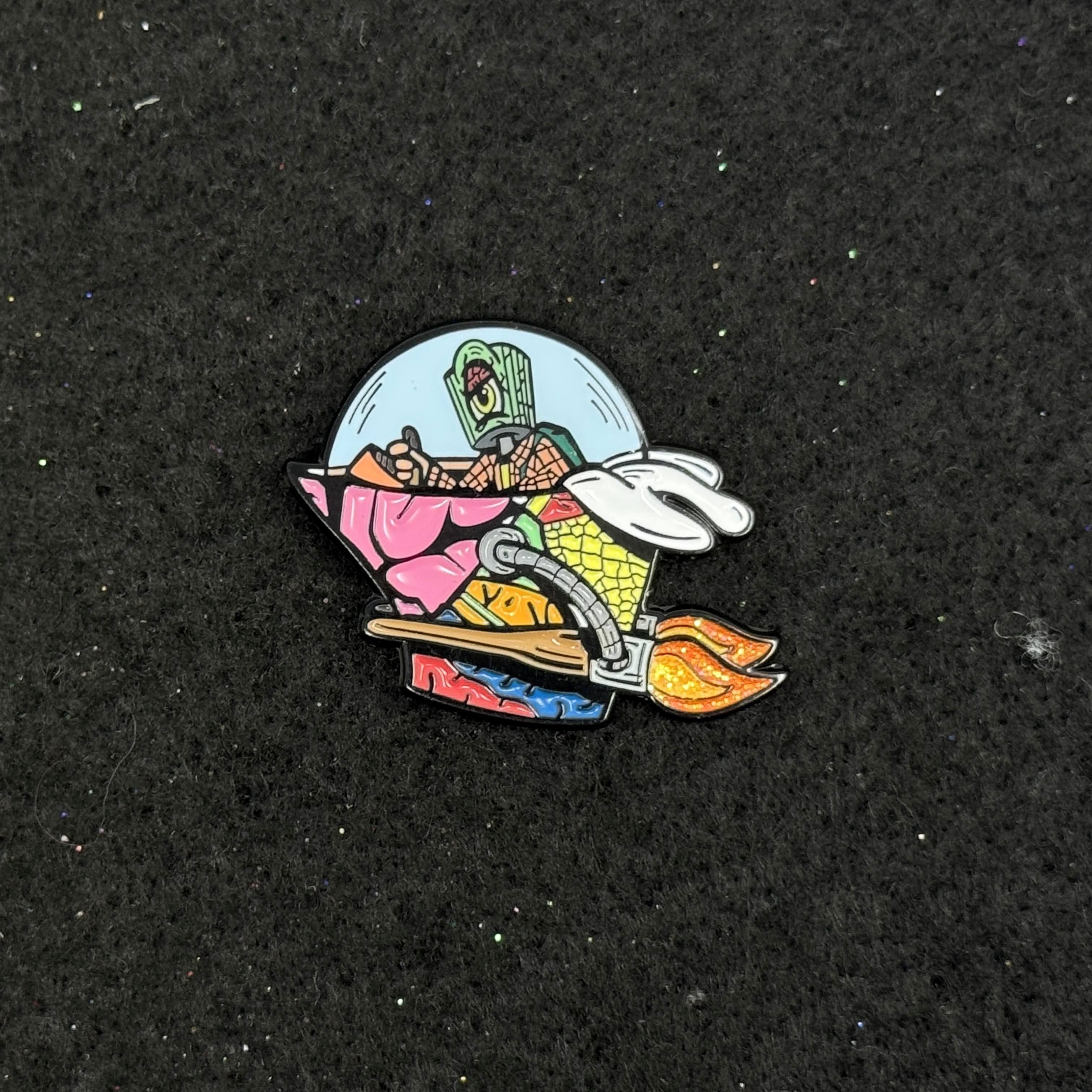 Spray Paint Nozzle Man in UFO Graphic Pin