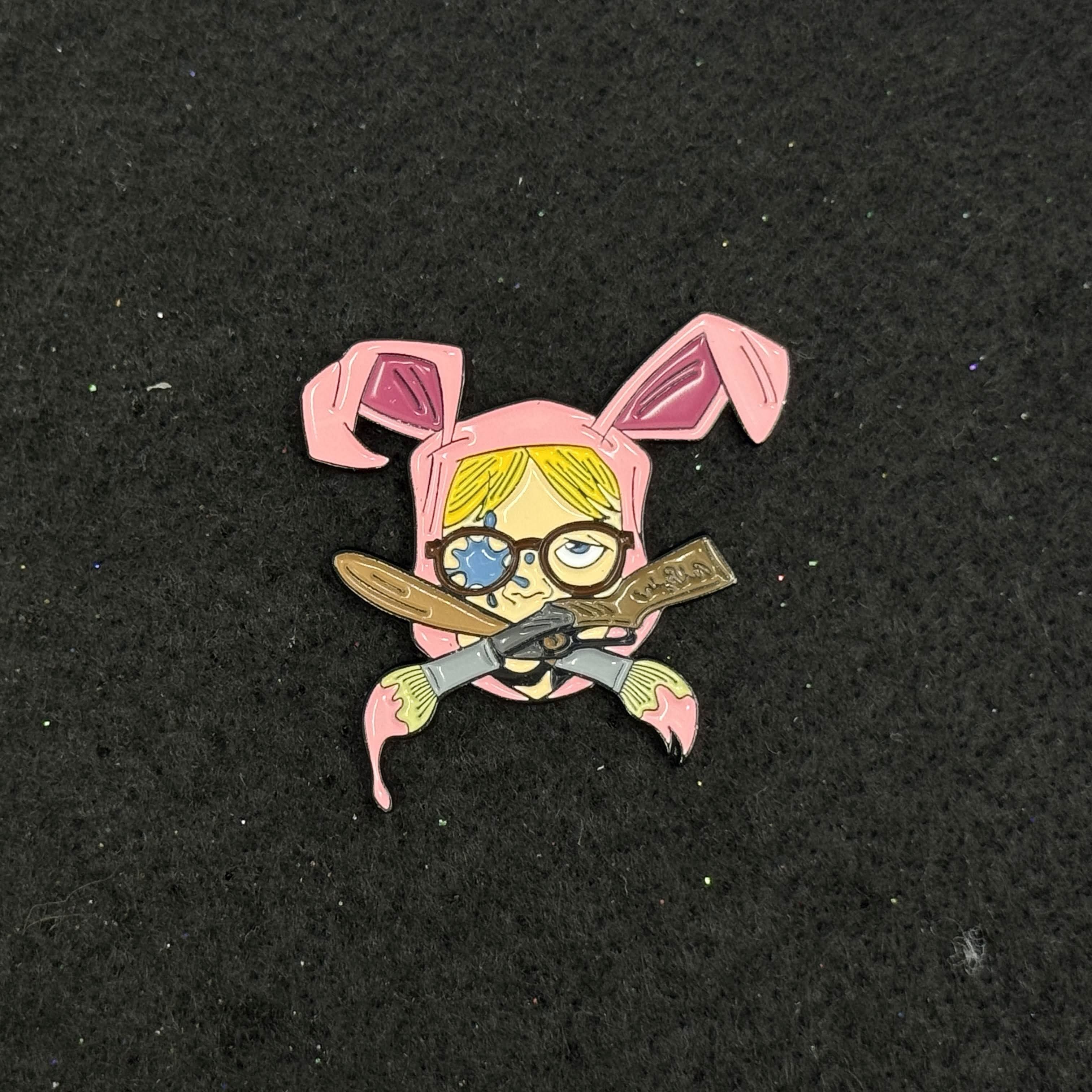 Boy in Pink Bunny Outfit Paint Brushes Graphic Pin