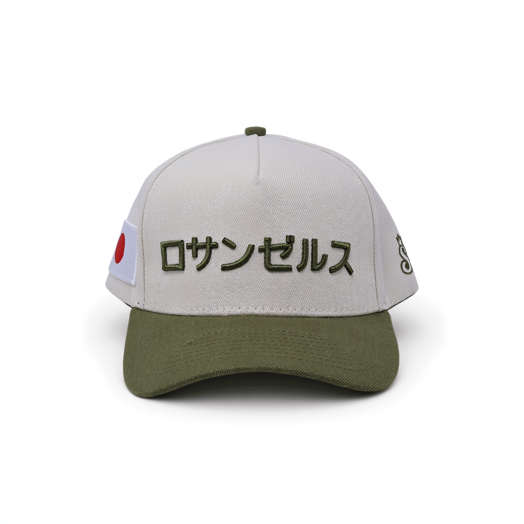 Cream/Olive "Los Angeles" Japanese Katakana 5 Panel Baseball Cap