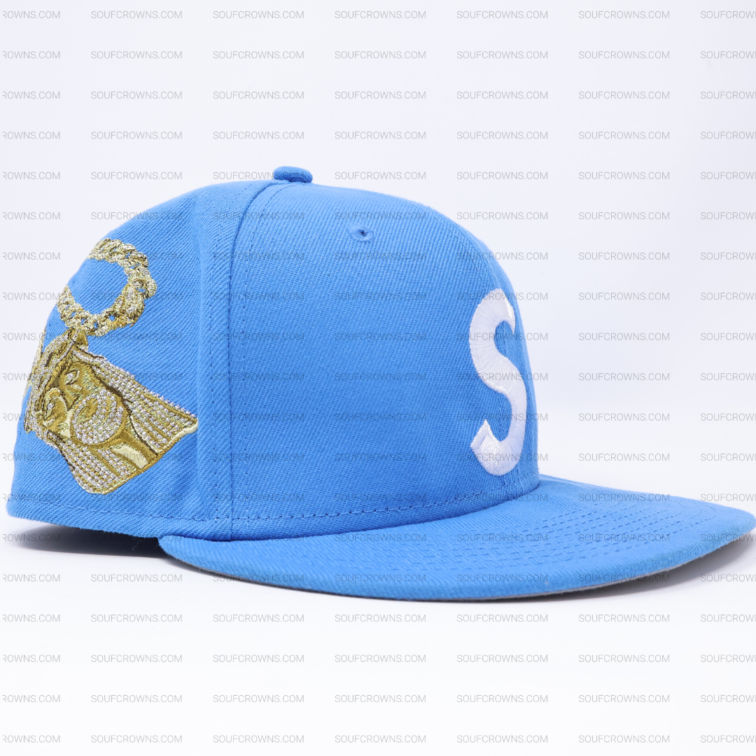 USED 3/8 Blue Supreme New York Jesus Peace 59fifty New Era Fitted Hat Cap